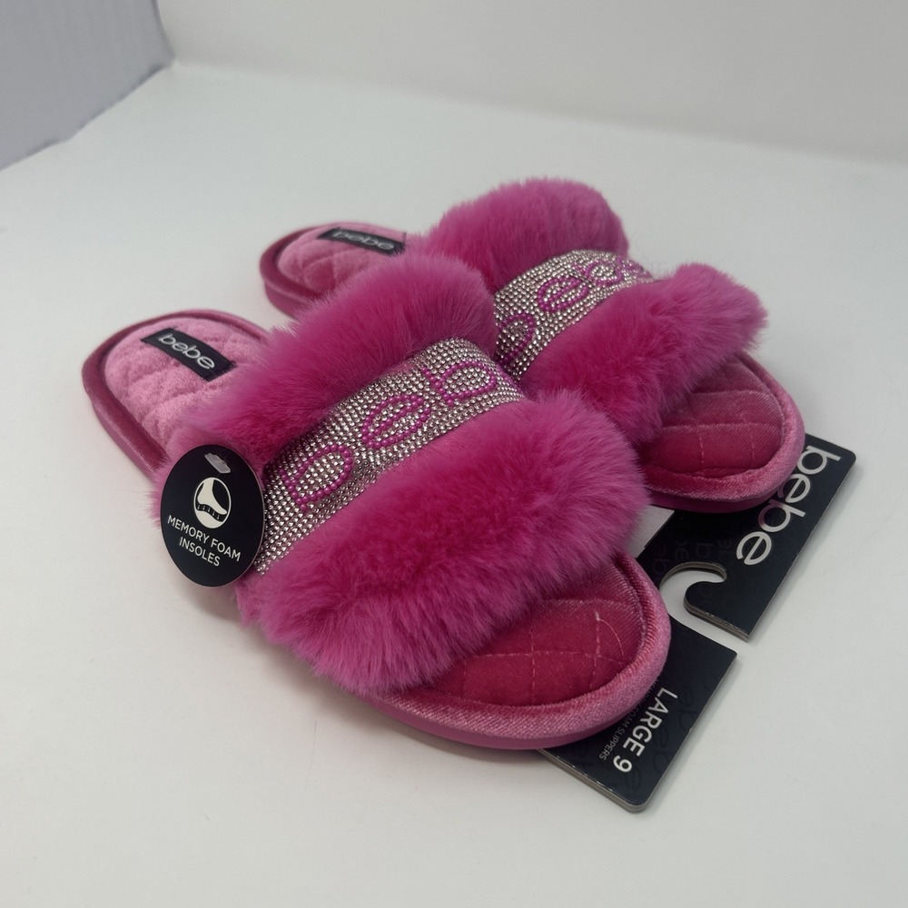 NEW Fuchsia Pink BEBE Fuzzy Rhinestone Slippers Memory Foam Sz 9 Indoor/Outdoor